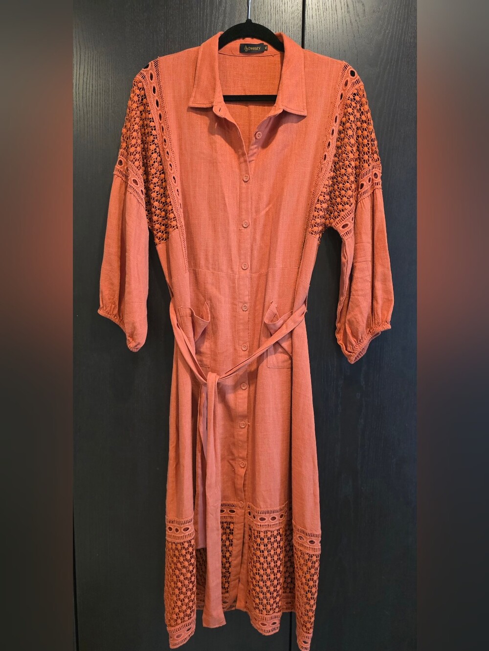 Button-Front Crochet Sleeve Midi Dress in Terracotta